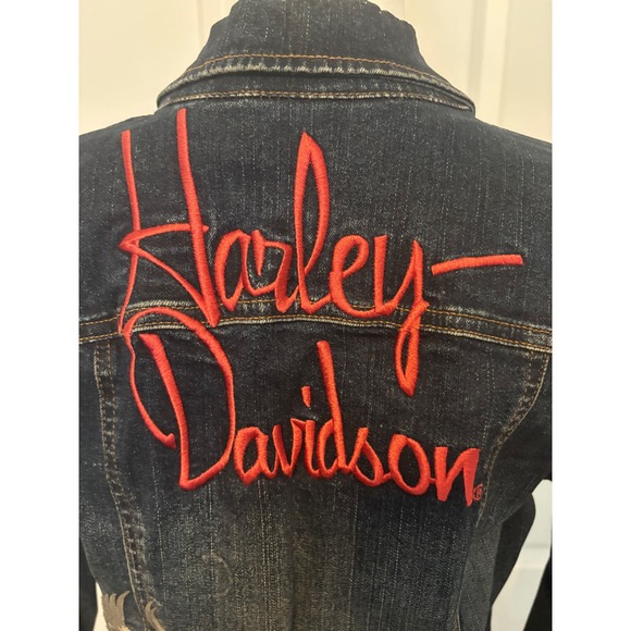 Harley Davidson Womens Denim Jacket‎ Embroidered Flowers Bird Red Script Size S - Picture 7 of 8